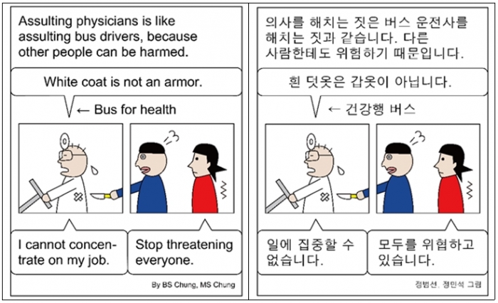 대한의학회 종합학술지(JKMS) 홍성태 편집위원장의 사설 ‘Increasing Violent Attacks against Physicians and Healthcare Workers Are Threats to the Korean Society’의 핵심을 담은 삽화.